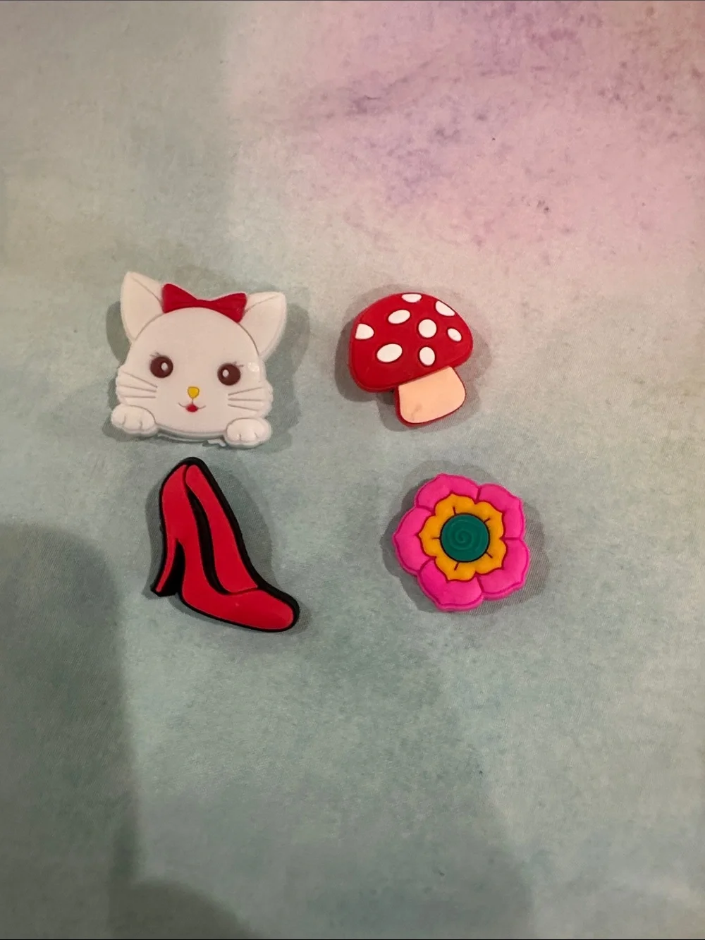 CROCS Jibbitz Charm Set - White Cat, Red Mushroom, Pink Flower, Red High Heel